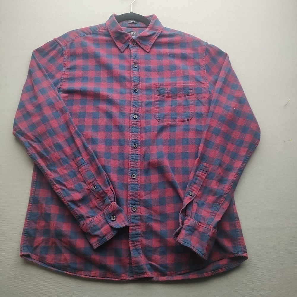 J Crew Flannel Shirt Large Classic Red Blue Plaid Slim Button Up Pocket Outdoors